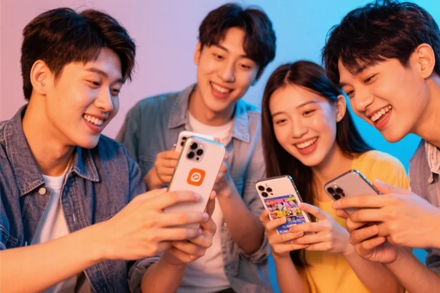 几位年轻用户在手机上使用沐鸣2 APP，愉快交流并分享娱乐内容